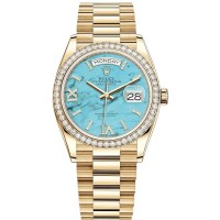 Réplica Rolex Day-Date Ouro Amarelo Turquesa Conjunto de Diamantes Mostrador Romano Moldura de Diamante Relógio Feminino M128348RBR-0037