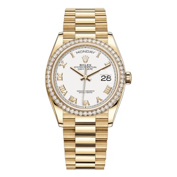 Cópia Rolex Day-Date Ouro Amarelo Branco Roman Dial Diamante Moldura Relógio Feminino M128348RBR-0042