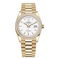 Relógio feminino Rolex Day-Date falso, ouro amarelo, mostrador branco, moldura de diamante, M128348RBR-0047