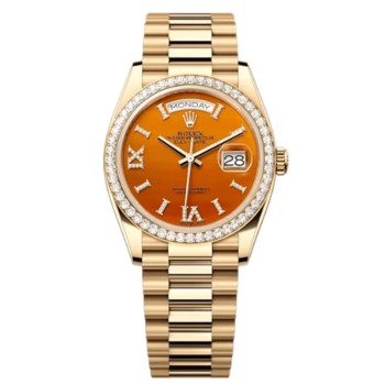 Réplica Rolex Day-Date Ouro Amarelo Carnelian Conjunto de Diamantes Romano Moldura Relógio Feminino M128348RBR-0049