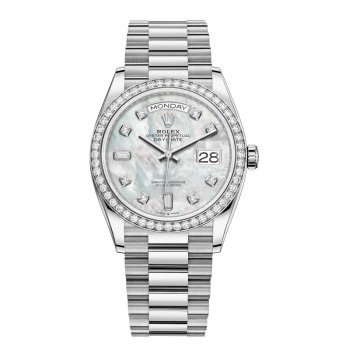 Relógio feminino falso Rolex Day-Date em ouro branco madrepérola com mostrador e moldura de diamante M128349RBR-0004