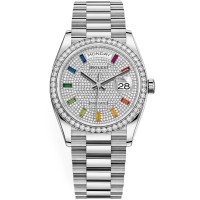 Réplica Rolex Day-Date em ouro branco com mostrador pavimentado com diamante e moldura de diamante relógio feminino M128349RBR-0006