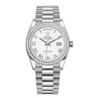 Réplica Rolex Day-Date Ouro Branco Branco Roman Dial Diamante Moldura Relógio Feminino M128349RBR-0025