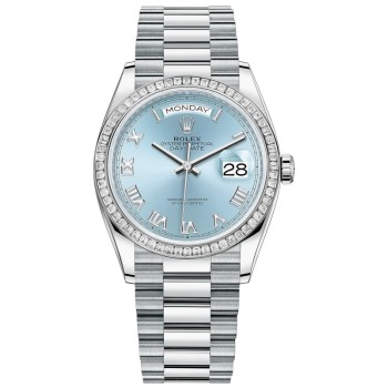 Relógio feminino falso Rolex Day-Date Platinum Ice-Blue com moldura de diamante M128396TBR-0002