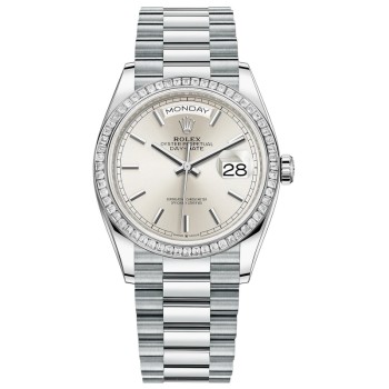 Réplica Rolex Day-Date Platinum Silver Dial Diamond Bezel Relógio Feminino M128396TBR-0004