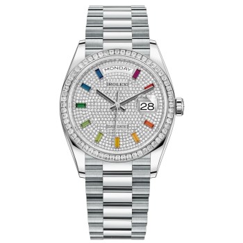 Réplica Rolex Day-Date Platinum com pavimentação de diamantes com mostrador de pedras preciosas e moldura de diamante relógio feminino M128396TBR-0006