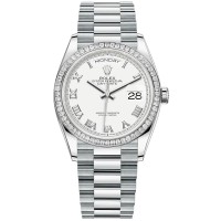 Cópia Rolex Day-Date Platinum White Dial Diamond Bezel Relógio feminino M128396TBR-0010