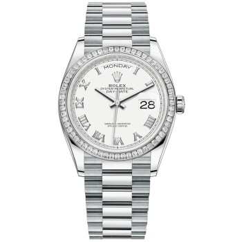 Cópia Rolex Day-Date Platinum White Dial Diamond Bezel Relógio feminino M128396TBR-0010