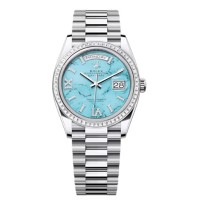 Relógio feminino Rolex Day-Date Platinum Turquesa com conjunto de diamantes com mostrador romano e moldura de diamante M128396TBR-0016