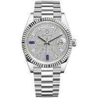 Cópia Rolex Day-Date 40 mostrador em platina pavimentado com diamantes e safiras relógio masculino M228236-0009