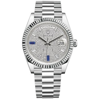 Cópia Rolex Day-Date 40 mostrador em platina pavimentado com diamantes e safiras relógio masculino M228236-0009