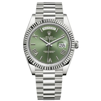 Relógio masculino Rolex Day-Date 40 falso em ouro branco 18K com mostrador verde oliva M228239-0033