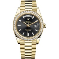 Réplica Rolex Day-Date 40 18K ouro amarelo preto diamante mostrador moldura de diamante relógio masculino M228348RBR-0001