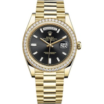 Réplica Rolex Day-Date 40 18K ouro amarelo preto diamante mostrador moldura de diamante relógio masculino M228348RBR-0001