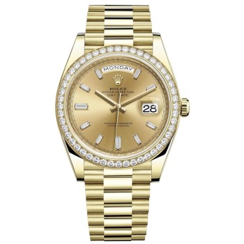 Réplica Rolex Day-Date 40 18K ouro amarelo champanhe diamante mostrador moldura de diamante relógio masculino M228348RBR-0002