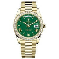 Relógio masculino Rolex Day-Date 40 falso em ouro amarelo 18K com mostrador verde e moldura de diamante M228348RBR-0040