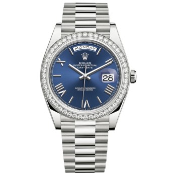 Cópia Rolex Day-Date 40 18K ouro branco azul mostrador diamante moldura relógio masculino M228349RBR-0005