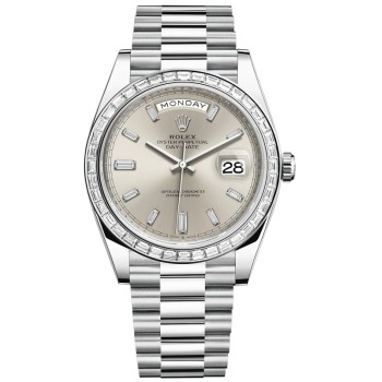 Cópia Rolex Day-Date 40 Platina Prata Diamante Mostrador Relógio Masculino Moldura Diamante M228396TBR-0011