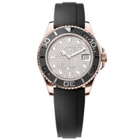 Relógio masculino Rolex Yacht-Master 37 pavimentado com diamantes falso em ouro rosa 18ky Oysterflex M268655-0019