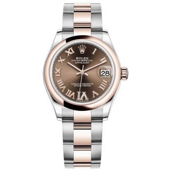 Relógio feminino Rolex Datejust 31 falso em aço e ouro Everose 18kt com pavê de chocolate com mostrador romano M278241-0003