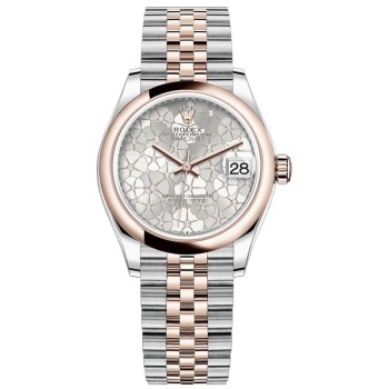 Relógio feminino falso Rolex Datejust 31 com motivo floral prateado e mostrador de diamante M278241-0032