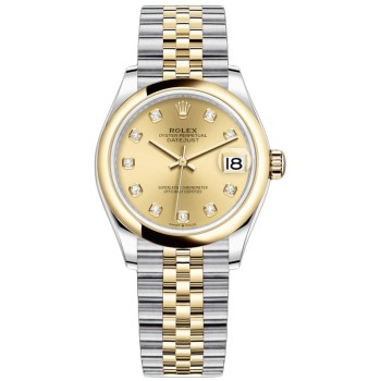 Relógio feminino Rolex Datejust 31 falso em aço inoxidável e ouro amarelo champanhe com mostrador de diamante M278243-0026