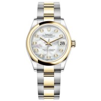 Relógio feminino Rolex Datejust 31 falso em aço inoxidável e ouro amarelo branco madrepérola com mostrador de diamante M278243-0027