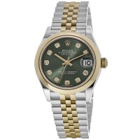 Relógio feminino Rolex Datejust 31 falso em aço inoxidável e ouro amarelo verde oliva com mostrador de diamante M278243-0030