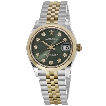 Relógio feminino Rolex Datejust 31 falso em aço inoxidável e ouro amarelo verde oliva com mostrador de diamante M278243-0030