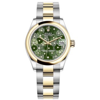 Relógio feminino Rolex Datejust 31 falso em aço inoxidável e ouro amarelo oliva-verde-motivo floral com mostrador de diamante M278243-0031