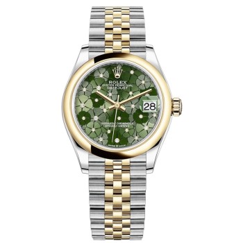 Réplica Rolex Datejust 31 em aço inoxidável e ouro amarelo oliva-verde-motivo floral com mostrador de diamante relógio feminino M278243-0032