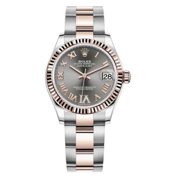 Relógio feminino Rolex Datejust 31 falso em aço inoxidável e ouro rosa pavimentado com mostrador romano M278271-0029