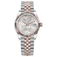 Relógio feminino Rolex Datejust 31 falso em aço inoxidável e ouro rosa prata com motivo floral e mostrador de diamante M278271-0032