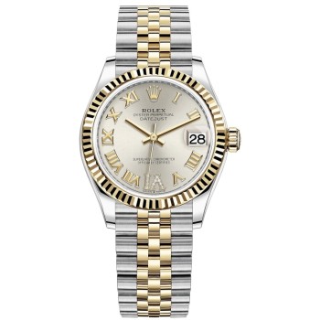 Réplica Rolex Datejust 31 em aço inoxidável e ouro amarelo prata pavimentada com mostrador romano relógio feminino M278273-0004