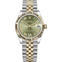 Réplica Rolex Datejust 31 em aço inoxidável e ouro amarelo oliva verde pavimentado com mostrador romano relógio feminino M278273-0016