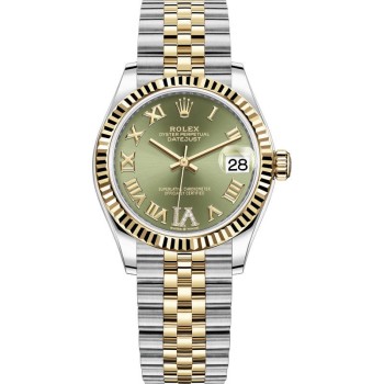 Réplica Rolex Datejust 31 em aço inoxidável e ouro amarelo oliva verde pavimentado com mostrador romano relógio feminino M278273-0016