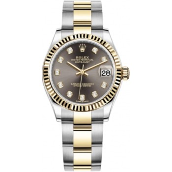 Relógio feminino Rolex Datejust 31 falso em aço inoxidável e ouro amarelo cinza escuro com mostrador de diamante M278273-0021