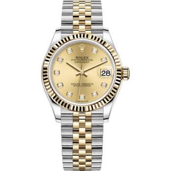 Cópia Rolex Datejust 31 em aço inoxidável e ouro amarelo champanhe com mostrador de diamante relógio feminino M278273-0026