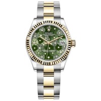 Cópia Rolex Datejust 31 em aço inoxidável e ouro amarelo oliva-verde-motivo floral com mostrador de diamante relógio feminino M278273-0031