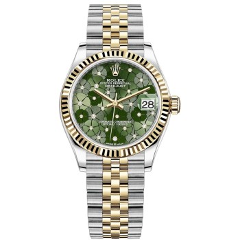 Falso Rolex Datejust 31 em aço inoxidável e ouro amarelo oliva verde floral motivo diamante mostrador relógio feminino M278273-0032