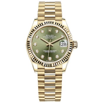 Cópia Rolex Datejust 31 Ouro Amarelo Oliva Verde Diamante Mostrador Relógio Feminino M278278-0011