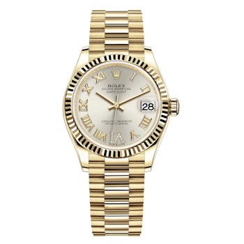 Réplica Rolex Datejust 31 Ouro Amarelo Prata Pave Roman Diamond Dial Relógio Feminino M278278-0028