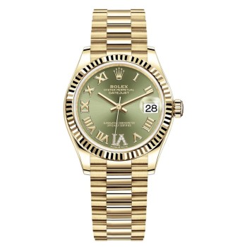 Relógio feminino Rolex Datejust 31 falso ouro amarelo oliva verde pavimentado com mostrador de diamante romano M278278-0030