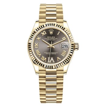 Réplica Rolex Datejust 31 Ouro Amarelo Cinza Escuro Pave Roman Diamond Dial Relógio Feminino M278278-0032