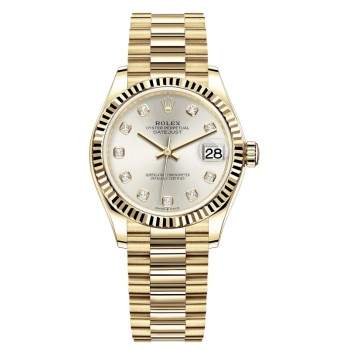 Copiar relógio feminino Rolex Datejust 31 ouro amarelo prata diamante mostrador M278278-0034