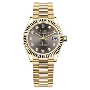 Cópia Rolex Datejust 31 Ouro Amarelo Cinza Escuro Diamante Mostrador Relógio Feminino M278278-0036