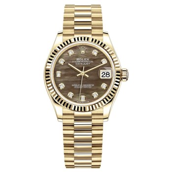 Cópia Rolex Datejust 31 Ouro Amarelo Preto Madrepérola Diamante Mostrador Relógio Feminino M278278-0038