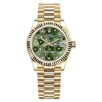 Réplica Rolex Datejust 31 Ouro Amarelo Oliva Verde Floral-Motivo Diamante Mostrador Relógio Feminino M278278-0046