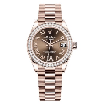 Cópia Rolex Datejust 31 Everose Gold Chocolate Diamond Pave Roman Dial Diamond Bezel Relógio feminino M278285RBR-0016