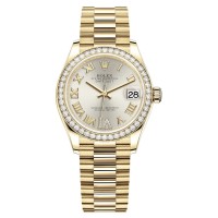 Falso Rolex Datejust 31 Ouro Amarelo Prata Pave Roman Diamond Dial Diamond Bezel Relógio Feminino M278288RBR-0020